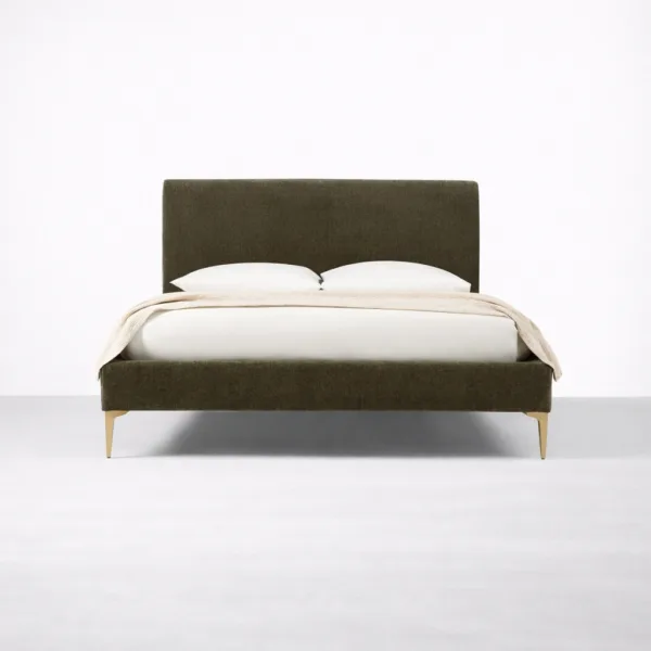 Front view of olive upholstered bed with padded headboard and gold legs