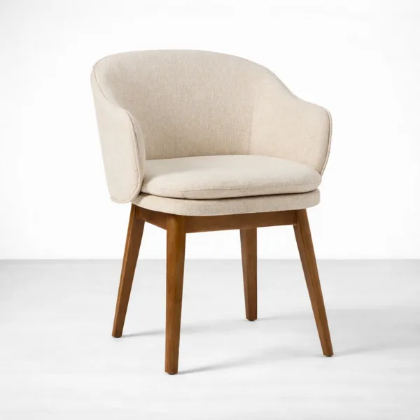 Teak Dining chair in ivory bouclé upholstery with solid teakwood legs by INTERIORZE