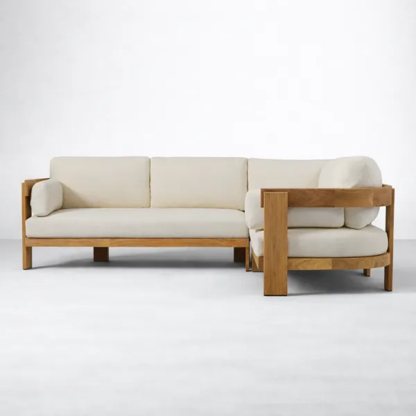 Teakwood L shape sectional sofa with ivory upholstery and solid teak frame by INTERIORZE
