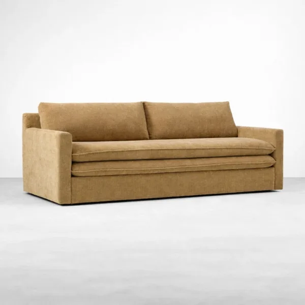 Mustard fabric pull-out sofa cum bed angled view with plush seat by INTERIORZE