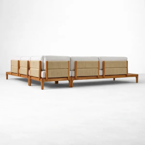 INTERIORZE teak wood outdoor l shaped sofa with rope panels and ivory cushions