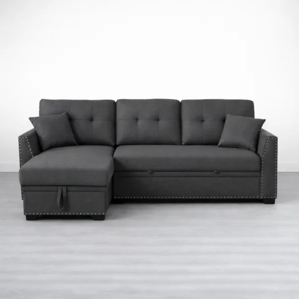 Dark grey L shape sofa cum bed with tufted back and chaise section by INTERIORZE