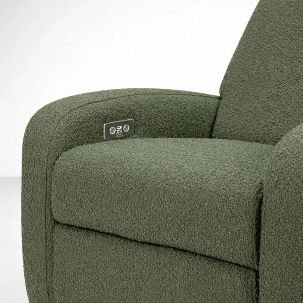 Close-up of side control panel on green bouclé swivel power recliner chair