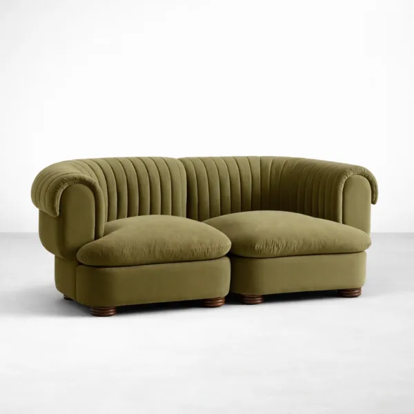 Olive velvet 2 seater sofa with rounded arms and channel tufting angle view