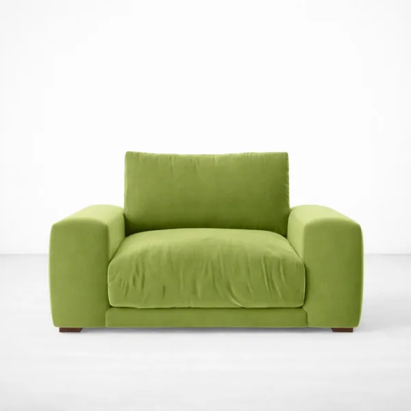 Lime green lounge chair with teakwood legs front view, INTERIORZE LIMEA.