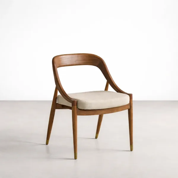 INTERIORZE Elara solid teakwood dining chair front angle view with beige upholstered seat