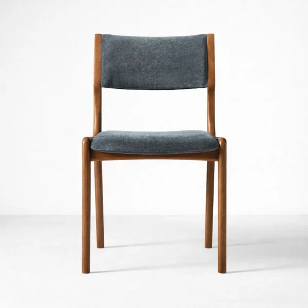 Solid teak wood dining chair in blue upholstery front view