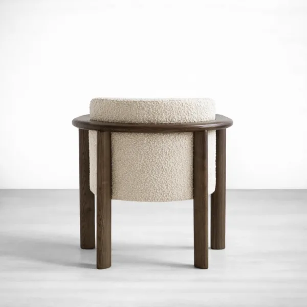 Boucle armchair teakwood frame back view in ivory upholstery