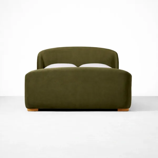 Front view of olive green upholstered bed with upholstered frame by INTERIORZE