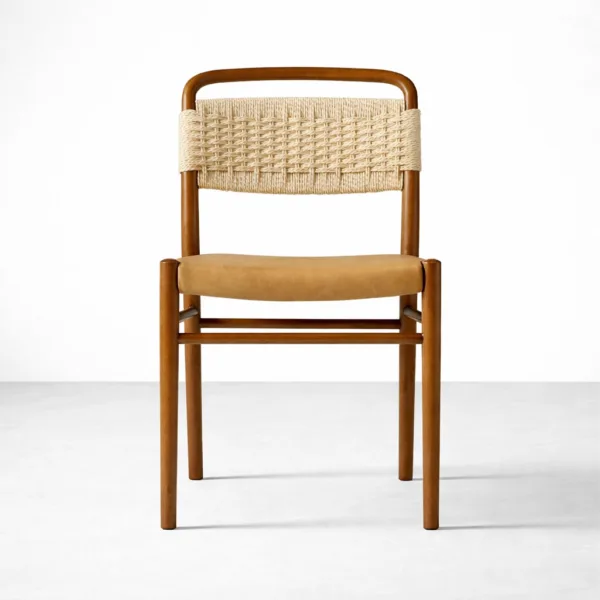 Cane back teakwood dining chair with tan upholstered seat front view INTERIORZE Sirocco