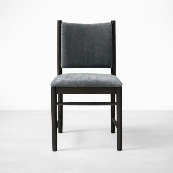 Slate grey upholstered dining chair with teakwood frame front view INTERIORZE Noir