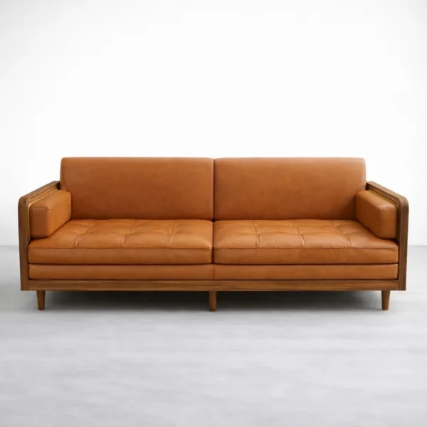 Teakwood sofa cum bed with cane side panels and tan leather finish front view INTERIORZE Cane Panel Teakwood Sofa Cum Bed