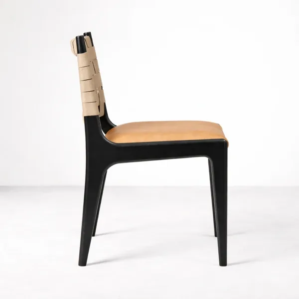 Strap back dining chair side view black teakwood frame beige woven back tan seat