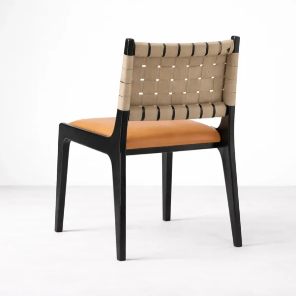 Strap back dining chair with woven backrest beige webbing and tan seat