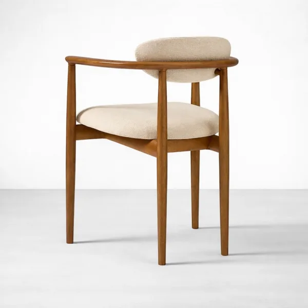Ivory boucle teakwood arm dining chair back view INTERIORZE Halo