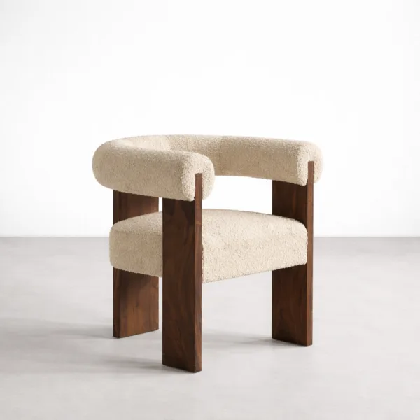 INTERIORZE Arvino upholstered teakwood dining chair angled view Solid teakwood upholstered dining chair