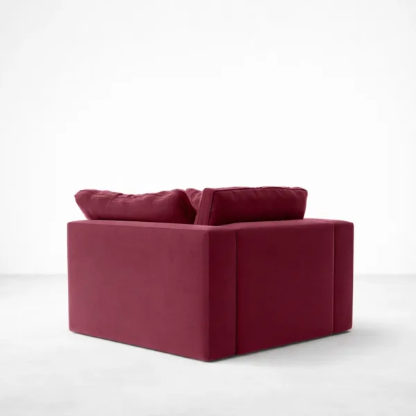 Burgundy velvet lounge chair with teakwood legs rear angle view, INTERIORZE RUBYLOFT.