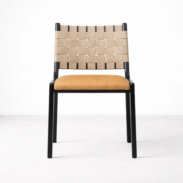 Strap back dining chair front view black teakwood frame beige woven back tan seat