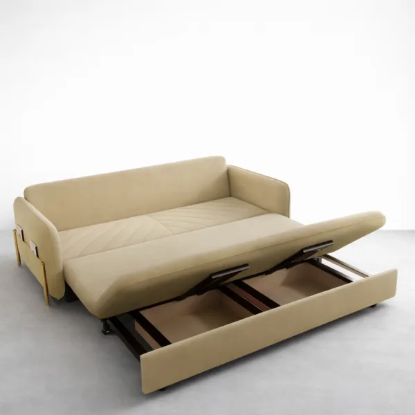 Beige sofa cum bed with storage compartment open showing internal frame by INTERIORZE