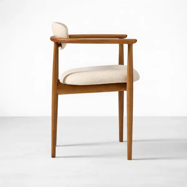 INTERIORZE Halo ivory boucle teakwood arm dining chair side profile