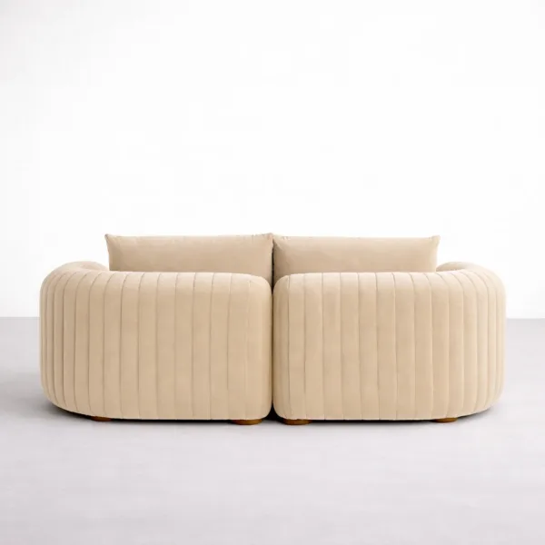 Back view of Arcura 2 seater teakwood sofa with ivory upholstery