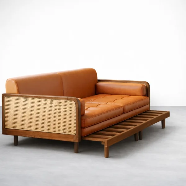 Slatted pull-out base detail of teakwood sofa cum bed with cane side panels INTERIORZE