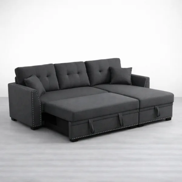L shape sofa cum bed converted into bed position in dark grey fabric INTERIORZE