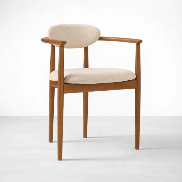 Ivory boucle teakwood arm dining chair angled view INTERIORZE Halo ivory boucle teakwood dining chair