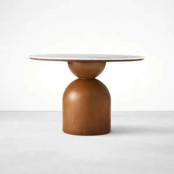 INTERIORZE Aurelia round marble top teakwood dining table full view