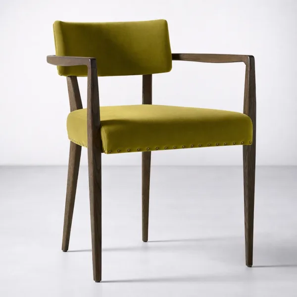 INTERIORZE Avelon olive green upholstered dining chair angled view Teakwood upholstered dining chair with arms
