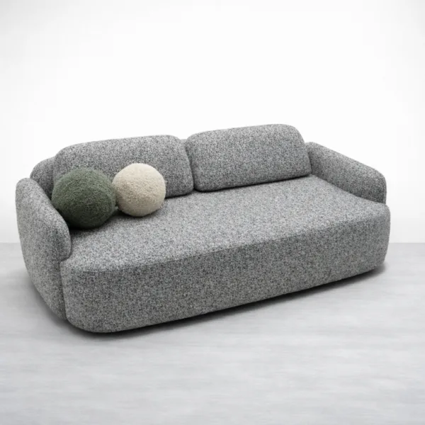 Angled view of grey boucle sofa cum bed with rounded arms and lounge seating INTERIORZE Cloud Boucle Teakwood Sofa Cum Bed