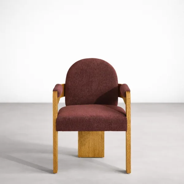 INTERIORZE Rovena solid teakwood upholstered dining chair front view in burgundy fabric