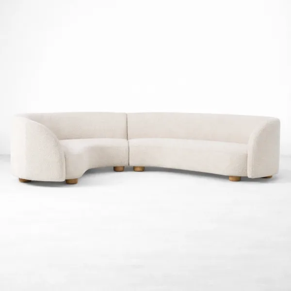 off-white bouclé curved sectional sofa modular design angle view