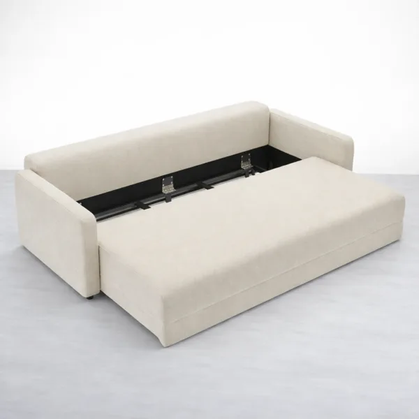 Close-up of grey upholstery fabric texture and square armrest on sofa cum bed INTERIORZE
