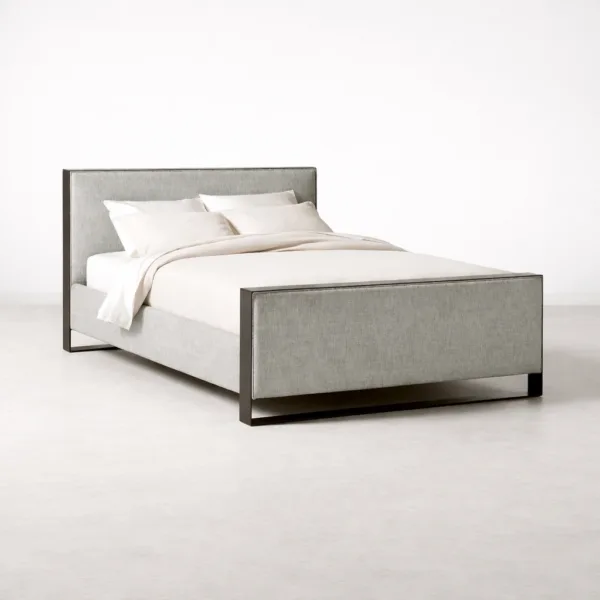 INTERIORZE Aster teakwood upholstered bed with metal legs front angled view in grey upholstery