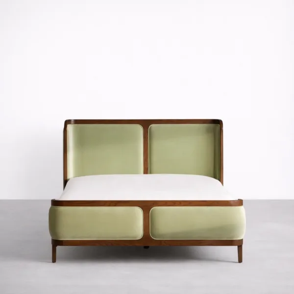 Teakwood upholstered bed with olive green padded panels front view