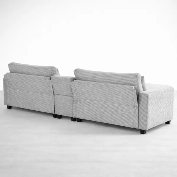 Rear view of grey corduroy sectional sofa showing modular build