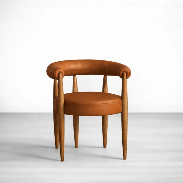 INTERIORZE Auro teakwood leather dining chair front view in tan upholstery