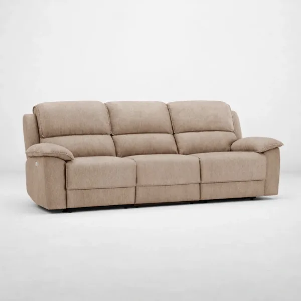 3 seater electric recliner sofa beige fabric angled view INTERIORZE