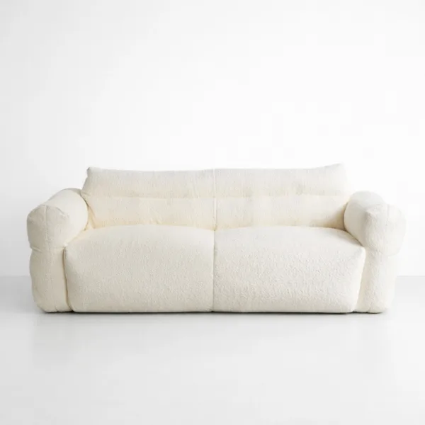 Front view of INTERIORZE Cloudline ivory boucle 2 seater sofa with plush cushions and rounded arms