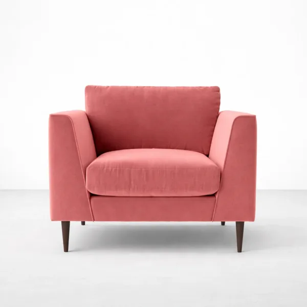 Pink velvet armchair with teakwood legs front view, INTERIORZE ZARIA