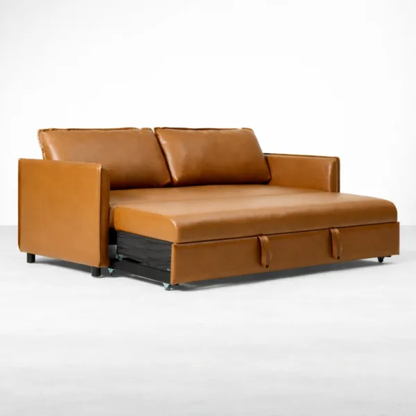 INTERIORZE caramel leather sofa cum bed with pull-out bed extended