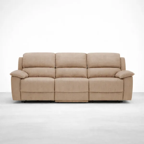 3 seater electric recliner sofa in beige fabric front view by INTERIORZE