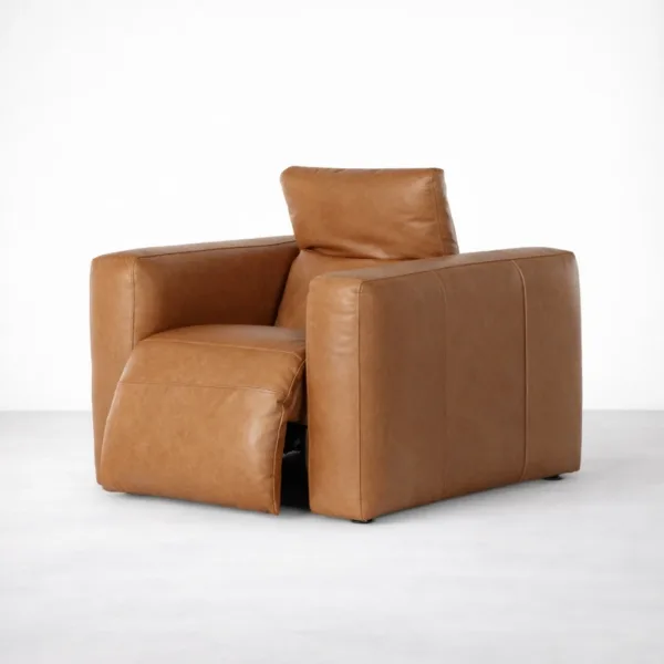 Cognac leather recliner chair with power footrest extended side angle view