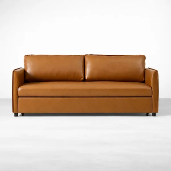 INTERIORZE caramel leatherette 3 seater sofa cum bed front view