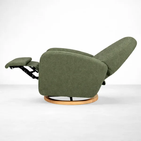 Side profile of green bouclé swivel power recliner chair in recline position
