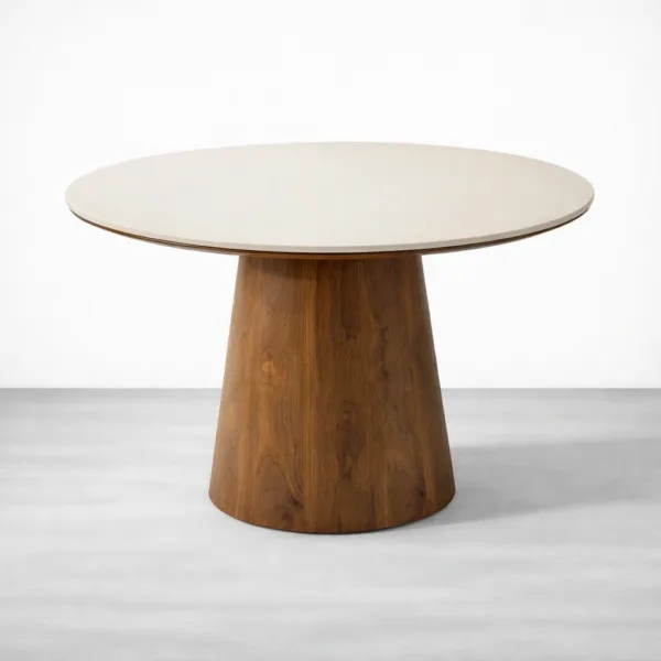 Angled view of Aurora round marble top dining table with teakwood base