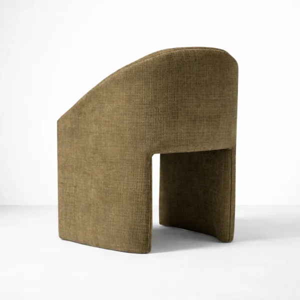 Back view of olive upholstered accent chair with smooth curved silhouette