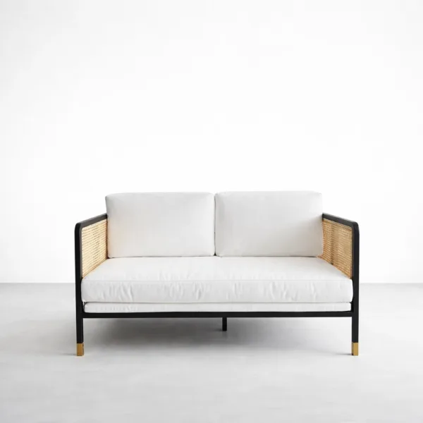 Front view teak cane 2 seater loveseat in black frame with ivory cushions INTERIORZE