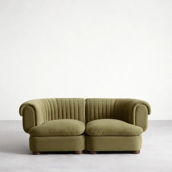 Olive channel tufted 2 seater sofa in velvet by INTERIORZE front view